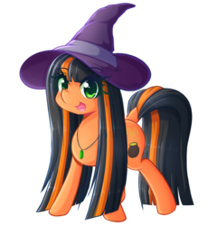 Size: 1280x1334 | Tagged: safe, artist:fluffymaiden, oc, oc only, oc:pumpkin spice, cute, hat, jewelry, long mane, looking at you, necklace, open mouth, simple background, smiling, solo, transparent background, witch hat