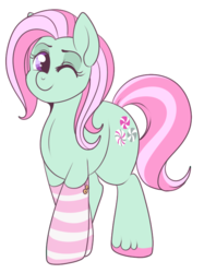 Size: 550x694 | Tagged: safe, artist:lulubell, minty, g3, g4, clothes, female, g3 to g4, generation leap, one eye closed, simple background, smiling, socks, solo, striped socks, transparent background, wink