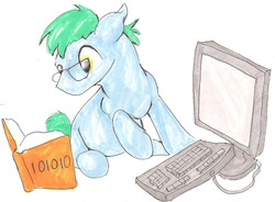Size: 1280x942 | Tagged: safe, artist:itsatiepo, oc, oc only, oc:software patch, earth pony, pony, book, commission, computer, cute, glasses, solo, traditional art