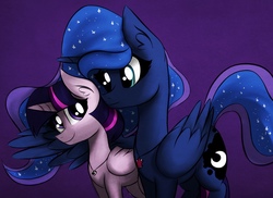 Size: 1895x1380 | Tagged: safe, artist:mylittlelevi64, princess luna, twilight sparkle, alicorn, pony, g4, cute, eye contact, female, jewelry, lesbian, looking at each other, mare, necklace, ship:twiluna, shipping, simple background, smiling, twilight sparkle (alicorn)