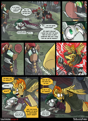 Size: 3000x4091 | Tagged: safe, artist:dracojayproduct, spitfire, oc, oc:titus, oc:willow, minotaur, comic:lunar isolation, g4, cloak, clothes, comic, crying, denial, fight, kick, soldier