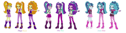 Size: 2388x636 | Tagged: safe, artist:prettycelestia, adagio dazzle, aria blaze, sonata dusk, equestria girls, g4, boots, clothes, high heel boots, high heels, palette swap, pigtails, ponytail, prettycelestia's eqg recolor series, recolor, skirt, the dazzlings, twintails