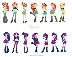Size: 1966x1552 | Tagged: safe, artist:prettycelestia, applejack, fluttershy, pinkie pie, rainbow dash, rarity, sci-twi, sunset shimmer, twilight sparkle, series:prettycelestia's eqg recolor, equestria girls, g4, boots, clothes, clothes swap, compression shorts, cowboy boots, cowboy hat, denim skirt, glasses, hat, high heel boots, high heels, humane five, humane seven, humane six, jacket, leather jacket, palette swap, pleated skirt, recolor, shoes, skirt, socks, stetson, tank top