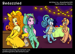 Size: 1024x736 | Tagged: safe, artist:goddessgoodra, adagio dazzle, aria blaze, sonata dusk, sunset shimmer, bulbasaur, charmander, pikachu, squirtle, comic:bedazzled, equestria girls, g4, adoragio, ariabetes, clothes, costume, cute, halloween, lantern, pokémon, the dazzlings