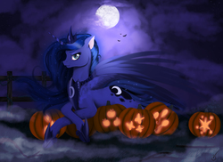Size: 4661x3398 | Tagged: safe, artist:vinicius040598, princess luna, alicorn, pony, g4, cutie mark, female, fog, implied mane six, jack-o-lantern, moon, night, nightmare night, prone, pumpkin, solo, spread wings