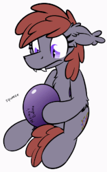 Size: 350x560 | Tagged: safe, artist:moemneop, oc, oc only, oc:lukida, bat pony, pony, animated, balloon, chest fluff, cutie mark, ear fluff, ear tufts, elbow fluff, eyelashes, fangs, gif, nostrils, sitting, solo, squeezing, text