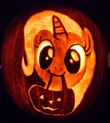 Size: 965x1080 | Tagged: safe, artist:michael rice, trixie, pony, unicorn, g4, female, halloween, holiday, jack-o-lantern, mouth hold, pumpkin, pumpkin bucket, pumpkin carving, smiling, solo, to saddlebags and back again