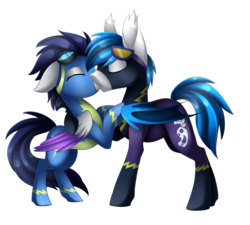 Size: 3000x2700 | Tagged: safe, artist:scarlet-spectrum, oc, oc only, oc:blue storm, oc:switch, oc:switch storm, pegasus, pony, clothes, eyes closed, goggles, high res, kissing, male, rearing, shadowbolts costume, simple background, straight, transparent background, wonderbolts uniform