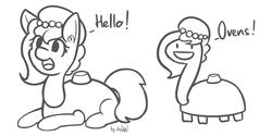 Size: 2400x1200 | Tagged: safe, artist:dsp2003, oc, oc:brownie bun, asdfmovie, asdfmovie5, black and white, crossover, cute, dialogue, grayscale, hello, mine turtle, monochrome, ocbetes, open mouth, parody, prone, simple background, sketch, smiling, tumblr, weapons-grade cute, white background, xk-class end-of-the-kitchen scenario, xk-class end-of-the-world scenario