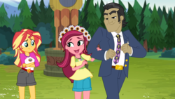 Size: 1778x1000 | Tagged: safe, edit, edited screencap, screencap, filthy rich, gloriosa daisy, sunset shimmer, equestria girls, g4, my little pony equestria girls: legend of everfree, jewelry, jojo's bizarre adventure, magical geodes, necklace, necktie