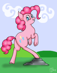 Size: 4800x6200 | Tagged: safe, artist:quicktimepony, pinkie pie, earth pony, pony, g4, absurd resolution, bipedal, butt, female, looking back, plot, signature, solo, underhoof