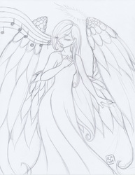 Size: 2548x3292 | Tagged: safe, artist:yunsildin, fluttershy, human, g4, female, high res, humanized, monochrome, singing, solo, winged humanization