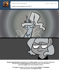 Size: 666x800 | Tagged: safe, artist:egophiliac, princess luna, oc, oc:serenitatis, sea pony, moonstuck, g4, filly, grayscale, look of disapproval, luna is not amused, monochrome, unamused, woona, woonoggles, younger