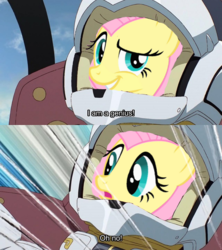 Size: 640x720 | Tagged: safe, fluttershy, pegasus, pony, g4, always works, anime, dreamworks face, female, frown, genius, grin, gundam, gundam reconguista in g, helmet, looking at you, mare, meme, oh no, open mouth, raised eyebrow, smiling, smirk, solo, speed lines, wat, wide eyes