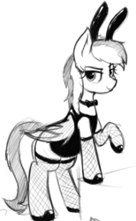 Size: 430x699 | Tagged: safe, artist:anearbyanimal, oc, oc only, oc:ignic rhythm, pony, bunny ears, bunny suit, clothes, female, grayscale, mare, monochrome, playboy bunny, pose, smirk, solo