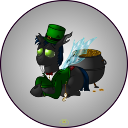 Size: 5000x5000 | Tagged: safe, artist:lakword, oc, oc only, oc:flik, changeling, absurd resolution, changeling oc, clothes, costume, cute, fangs, gold, halloween, leprechaun, lidded eyes, pocket watch, pot, pot of gold, prone, simple background, smiling, solo, transparent background