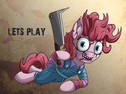 Size: 1500x1125 | Tagged: safe, artist:starbat, pinkie pie, earth pony, pony, g4, child's play, chucky, crossover, female, halloween, knife, mare, solo