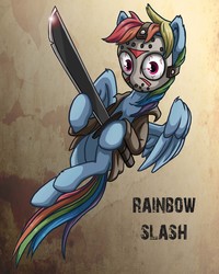 Size: 1500x1875 | Tagged: safe, artist:starbat, rainbow dash, pegasus, pony, g4, crossover, female, friday the 13th, halloween, holding, jason voorhees, looking at you, machete, mare, solo