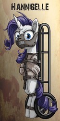 Size: 1000x2000 | Tagged: safe, artist:starbat, rarity, pony, unicorn, g4, bondage, crossover, female, halloween, hannibal lecter, mare, silence of the lambs, solo, straitjacket