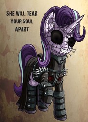 Size: 1500x2083 | Tagged: safe, artist:starbat, starlight glimmer, pony, unicorn, g4, black sclera, cenobite, clothes, cosplay, costume, crossover, edgelight glimmer, evil smile, female, grin, halloween, hellraiser, mare, metal as fuck, pinhead, ponified, smiling, solo