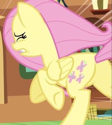 Size: 554x618 | Tagged: safe, screencap, fluttershy, pegasus, pony, dragon quest, g4, butt, cropped, eyes closed, female, flutterbutt, folded wings, mare, plot, raised hoof, solo, wings