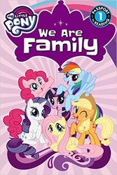 Size: 333x499 | Tagged: safe, applejack, fluttershy, pinkie pie, rainbow dash, rarity, twilight sparkle, alicorn, pony, g4, official, book, family, mane six, mane six opening poses, my little pony logo, twilight sparkle (alicorn)