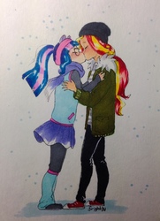 Size: 929x1280 | Tagged: safe, artist:theorderofalisikus, sci-twi, sunset shimmer, twilight sparkle, human, g4, beanie, clothes, coat, converse, eyes closed, female, glasses, hat, humanized, kiss on the lips, kissing, lesbian, pants, scarf, ship:sci-twishimmer, ship:sunsetsparkle, shipping, shoes, skirt, sneakers, snow, snowfall