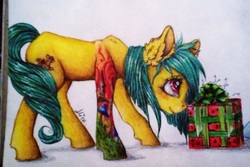 Size: 960x640 | Tagged: safe, artist:alicekuzmacat, oc, oc only, oc:eris, earth pony, pony, present, solo, tattoo