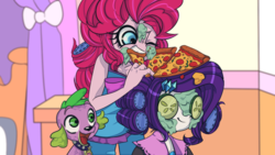 Size: 1000x562 | Tagged: safe, artist:setoya, pinkie pie, rarity, spike, dog, equestria girls, g4, cucumber, eating, food, hair curlers, mud mask, pizza, spike the dog
