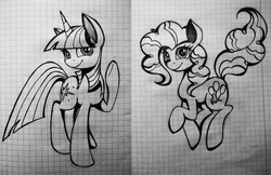 Size: 1362x880 | Tagged: safe, artist:twistedmindbrony, pinkie pie, twilight sparkle, g4, graph paper, grayscale, lineart, lined paper, monochrome, photo, traditional art