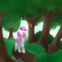 Size: 1024x1024 | Tagged: safe, artist:twistedmindbrony, oc, oc only, oc:courage line, butterfly, forest, solo, tree