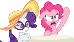 Size: 14772x8400 | Tagged: safe, artist:cyanlightning, pinkie pie, rarity, every little thing she does, g4, .svg available, absurd resolution, angry, glasses, hangover, hat, simple background, tired, transparent background, vector