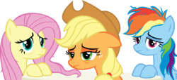 Size: 16507x7516 | Tagged: safe, artist:cyanlightning, applejack, fluttershy, rainbow dash, every little thing she does, g4, .svg available, absurd resolution, hangover, hat, messy mane, simple background, table, tired, transparent background, vector