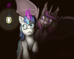 Size: 970x767 | Tagged: safe, artist:haretrinity, princess cadance, shining armor, alicorn, bat pony, bat pony alicorn, pony, unicorn, g4, bat ponified, black background, duo, fangs, female, frown, lamp, lantern, levitation, lovebat, magic, male, mare, open mouth, race swap, scared, ship:shiningcadance, shipping, simple background, smiling, stallion, straight, telekinesis, this will end in screams, this will end in snuggles, this will end in tears
