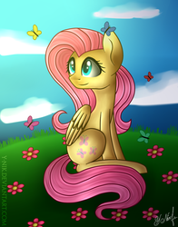 Size: 749x954 | Tagged: safe, artist:y-nik, fluttershy, butterfly, g4, female, flower, meadow, sitting, solo