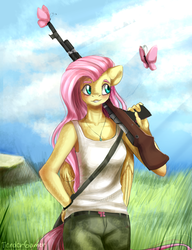 Size: 1000x1300 | Tagged: safe, artist:tendergamer, fluttershy, butterfly, anthro, g4, blushing, clothes, female, gun, jewelry, necklace, rifle, solo, tank top, weapon