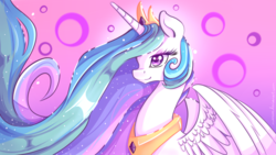 Size: 994x559 | Tagged: safe, artist:aunmoon, princess celestia, alicorn, pony, g4, female, lidded eyes, smiling, solo, spread wings