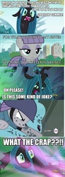 Size: 355x960 | Tagged: safe, edit, edited screencap, screencap, maud pie, queen chrysalis, changeling, changeling queen, earth pony, pony, g4, maud pie (episode), the gift of the maud pie, to where and back again, comic, female, implied pinkie pie, mare, now you fucked up, screencap comic, shit just got real
