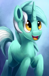 Size: 983x1500 | Tagged: safe, artist:camyllea, lyra heartstrings, pony, unicorn, g4, female, looking up, missing cutie mark, open mouth, raised hoof, smiling, solo