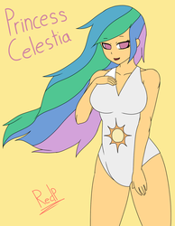 Size: 1024x1317 | Tagged: safe, artist:redprep, princess celestia, human, g4, breasts, clothes, female, humanized, one-piece swimsuit, solo, swimsuit