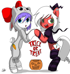 Size: 750x800 | Tagged: safe, artist:redprep, oc, oc only, oc:redprep, pony, bipedal, bow, clothes, costume, cuffs (clothes), duo, hair bow, halloween, pumpkin bucket, simple background, socks, striped socks, white background