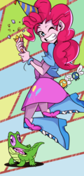 Size: 577x1200 | Tagged: safe, artist:setoya, gummy, pinkie pie, human, parasprite, equestria girls, g4, cute, diapinkes, female, hat, jumping, one eye closed, party hat, party popper, smiling, solo, wink