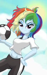 Size: 1200x1920 | Tagged: safe, artist:theroyalprincesses, rainbow dash, equestria girls, g4, ball, belly button, breasts, clothes, female, football, looking at you, midriff, pants, short shirt, solo