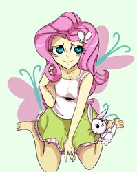 Size: 700x878 | Tagged: safe, artist:setoya, angel bunny, fluttershy, butterfly, equestria girls, g4, barefoot, blushing, breasts, cleavage, clothes, cute, feet, female, looking at you, missing shoes, sitting, skirt, skirt pull, smiling, smug, solo, tank top