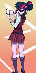 Size: 588x1200 | Tagged: safe, artist:setoya, sci-twi, twilight sparkle, equestria girls, g4, clothes, crystal prep academy uniform, female, glasses, hair bun, looking at you, looking back, miniskirt, notepad, open mouth, pleated skirt, school uniform, shoes, skirt, smiling, socks, solo, to love-ru