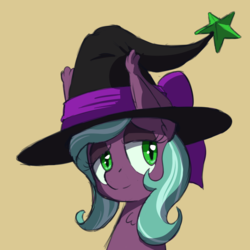 Size: 800x800 | Tagged: safe, artist:tehflah, oc, oc only, oc:wicked ways, bat pony, pony, bust, chest fluff, ear fluff, hat, lidded eyes, looking at you, portrait, simple background, solo, witch hat