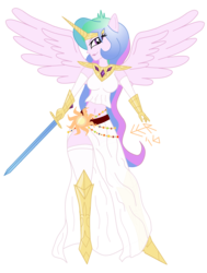Size: 2800x3700 | Tagged: safe, artist:e-e-r, princess celestia, principal celestia, equestria girls, g4, armor, belly button, breasts, clothes, female, high res, midriff, ponied up, side slit, simple background, skirt, solo, sword, transparent background, tyrant, weapon