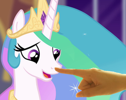 Size: 707x564 | Tagged: safe, edit, princess celestia, human, pony, g4, princess twilight sparkle (episode), boop, boop edit, bronybait, cute, cutelestia, hand, happy, looking at something, meme, meta, open mouth, smiling