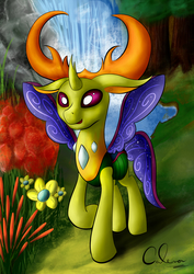 Size: 1240x1748 | Tagged: safe, artist:calena, thorax, changedling, changeling, g4, to where and back again, king thorax, male, open mouth, scenery, signature, solo, waterfall