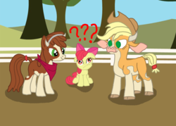 Size: 2100x1500 | Tagged: safe, artist:mrquartz, apple bloom, applejack, arizona (tfh), cow, them's fightin' herds, g4, cloven hooves, community related, disguise, female, palette swap, question mark, recolor